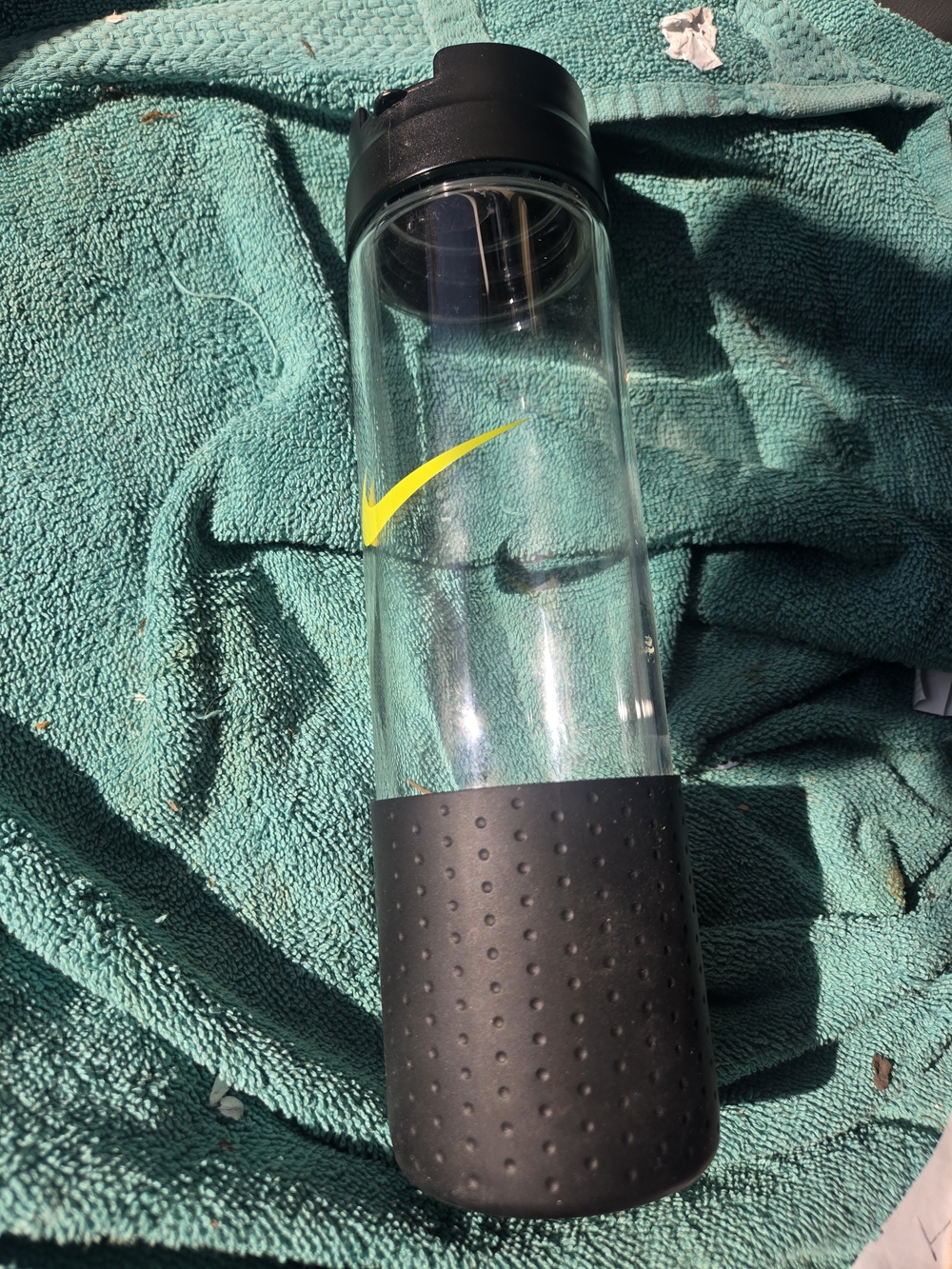 Nike Clear Glass Water Bottle with Black Grip - Yellow Swoosh